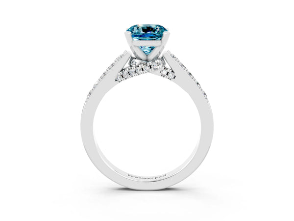 White gold Cushion Cut Blue Topaz Solitaire Ring with Crossover Gallery and Round  Pavé Band