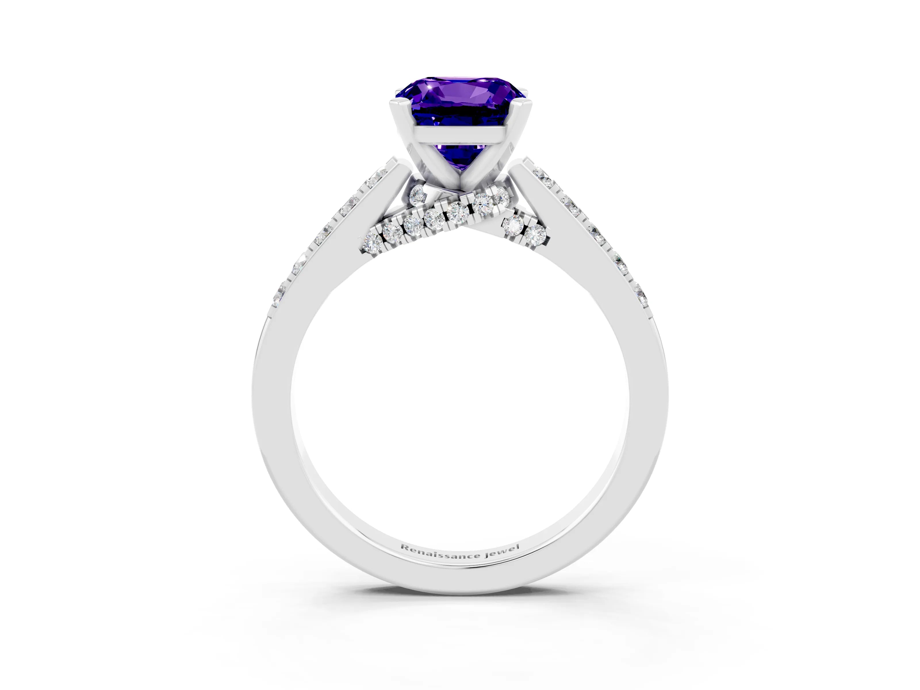 White gold Cushion Cut Diamond Solitaire Ring with Pavé Band and Prong Setting_3