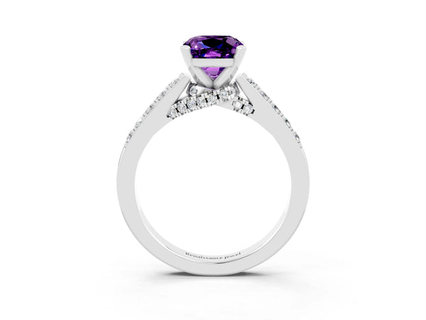 Platinum Cushion Cut Amethyst Solitaire Ring with Crossover Gallery and Round  Pavé Band