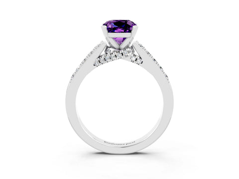 White gold Cushion Cut Diamond Solitaire Ring with Pavé Band and Prong Setting_3
