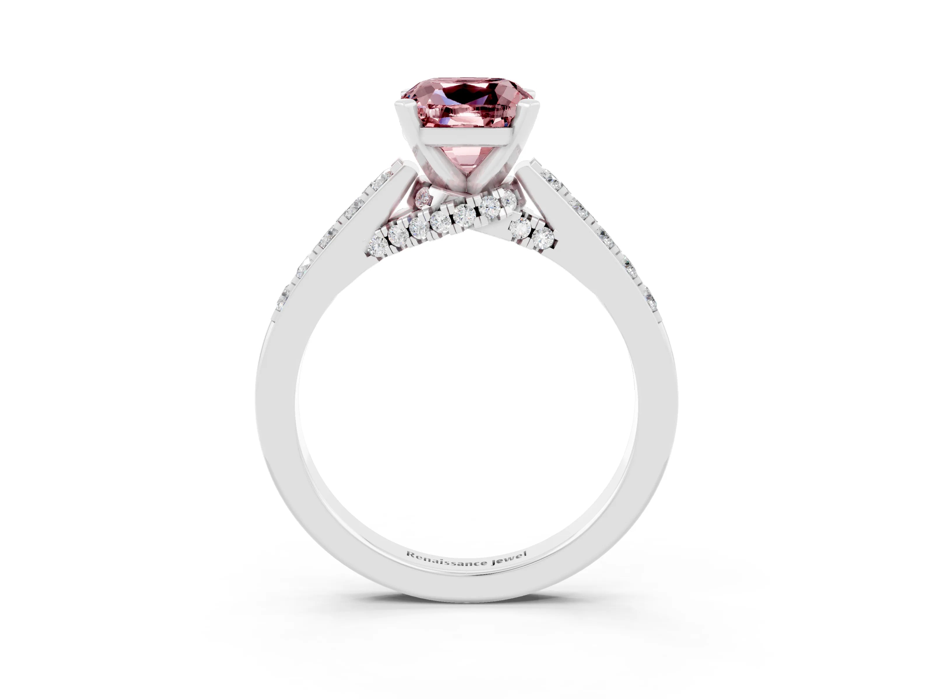 White gold Cushion Cut Diamond Solitaire Ring with Pavé Band and Prong Setting_3