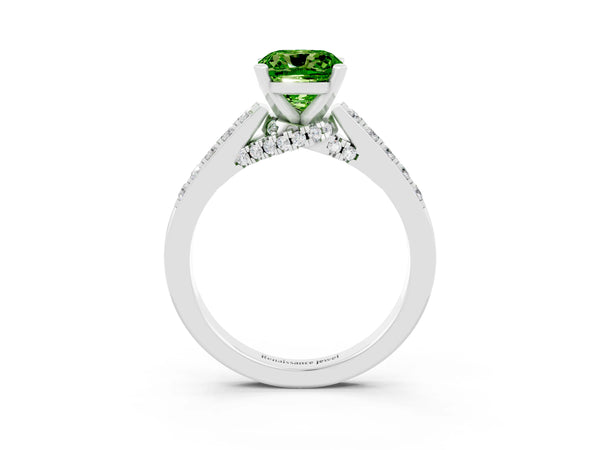 Silver Cushion Cut Peridot Solitaire Ring with Crossover Gallery and Round  Pavé Band