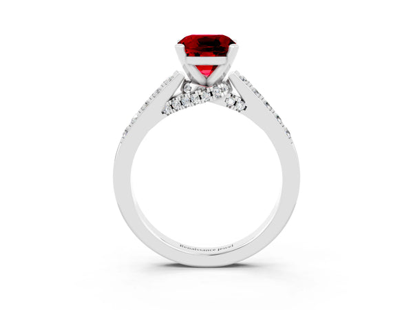 White gold Cushion Cut Ruby Solitaire Ring with Crossover Gallery and Round  Pavé Band