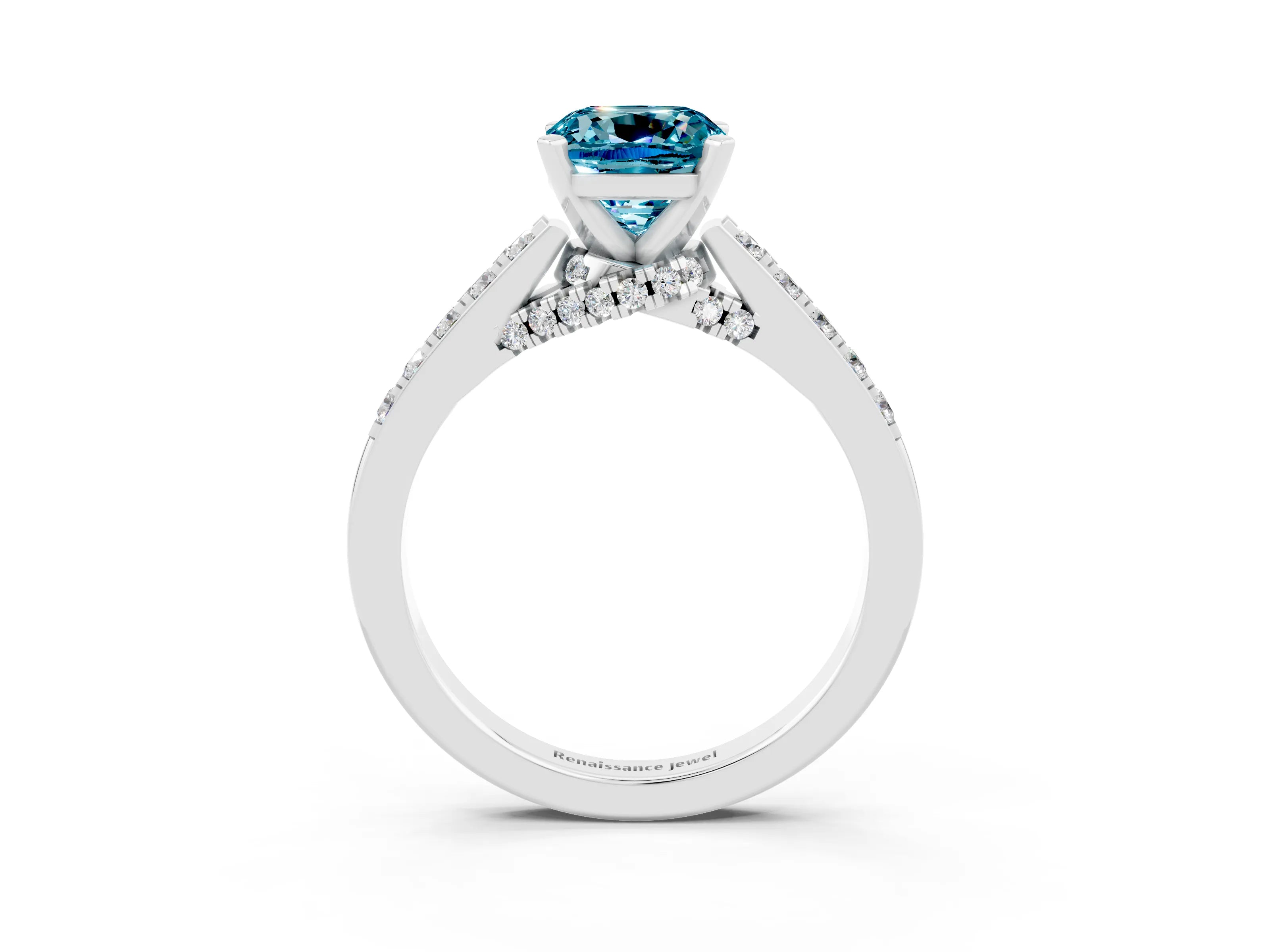 White gold Cushion Cut Diamond Solitaire Ring with Pavé Band and Prong Setting_3