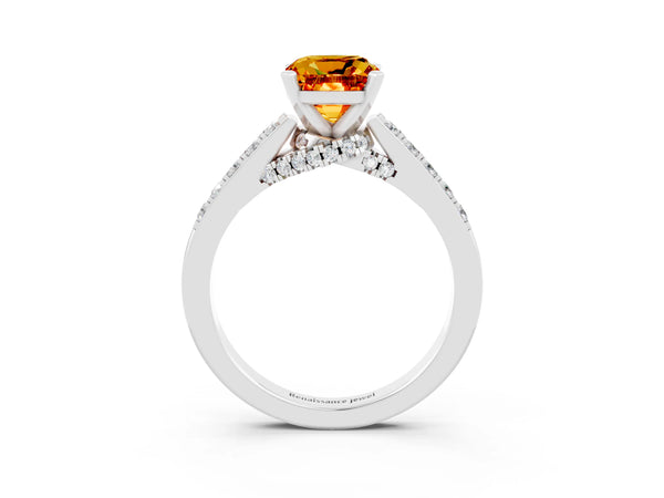 Silver Cushion Cut Citrine Solitaire Ring with Crossover Gallery and Round  Pavé Band