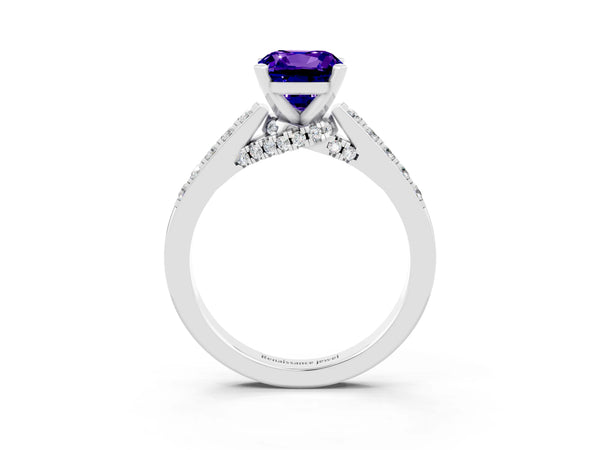 White gold Cushion Cut Tanzanite Solitaire Ring with Crossover Gallery and Round  Pavé Band