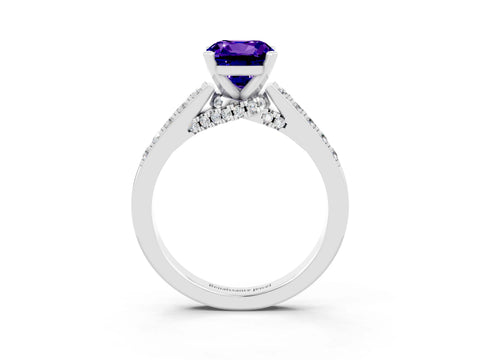 White gold Cushion Cut Diamond Solitaire Ring with Pavé Band and Prong Setting_3