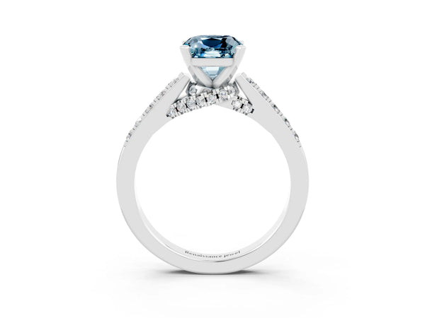 Platinum Cushion Cut Aquamarine Solitaire Ring with Crossover Gallery and Round  Pavé Band