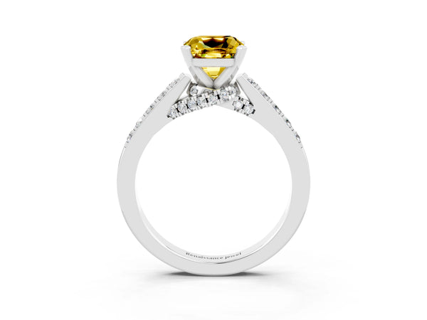 White gold Cushion Cut Yellow Sapphire Solitaire Ring with Crossover Gallery and Round  Pavé Band