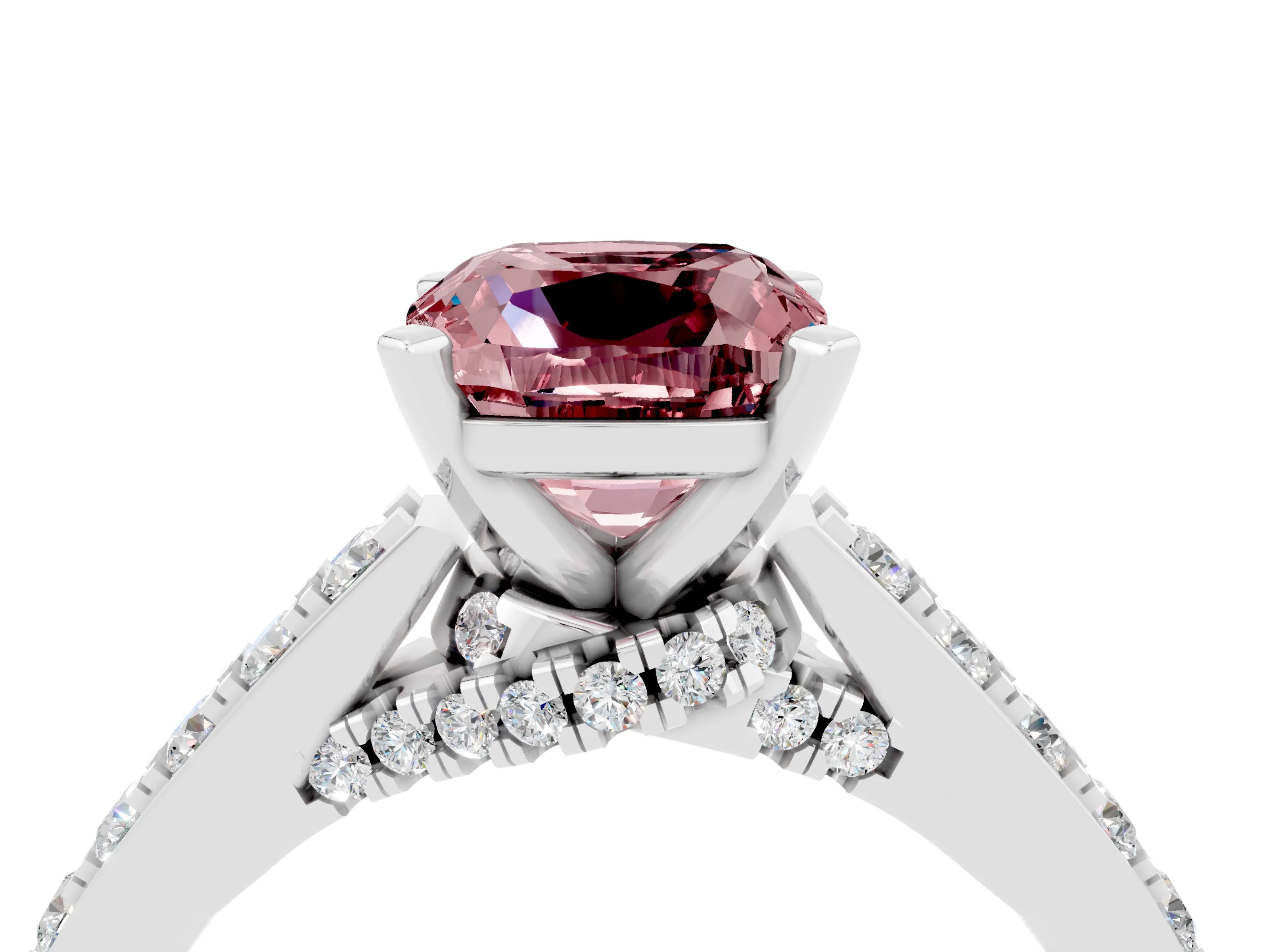 White gold Cushion Cut Diamond Solitaire Ring with Pavé Band and Prong Setting_4