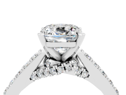 White gold Cushion Cut Diamond Solitaire Ring with Pavé Band and Prong Setting_4