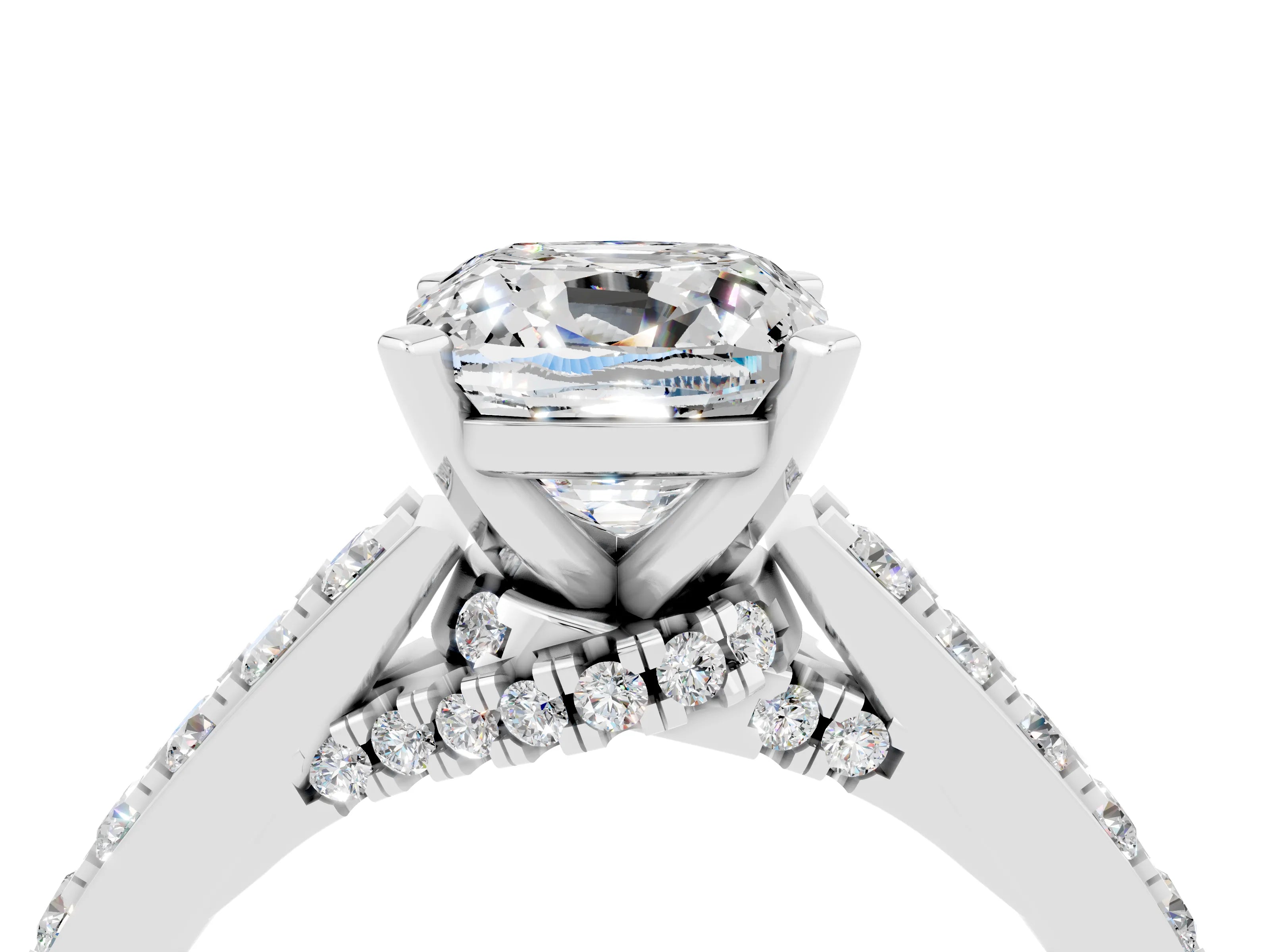 White gold Cushion Cut Diamond Solitaire Ring with Pavé Band and Prong Setting_4
