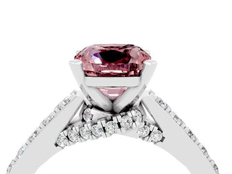 White gold Cushion Cut Diamond Solitaire Ring with Pavé Band and Prong Setting_4