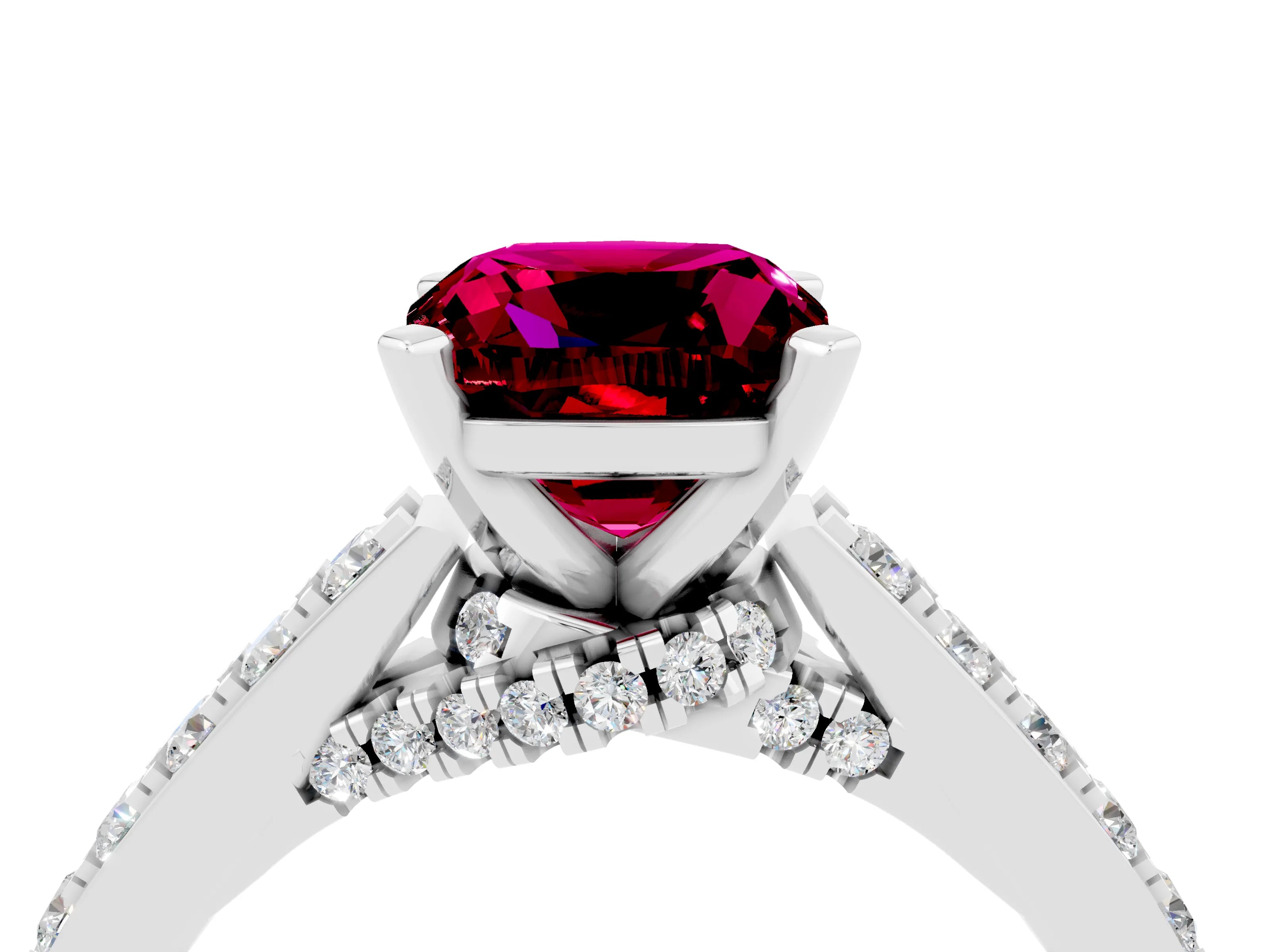 White gold Cushion Cut Diamond Solitaire Ring with Pavé Band and Prong Setting_4