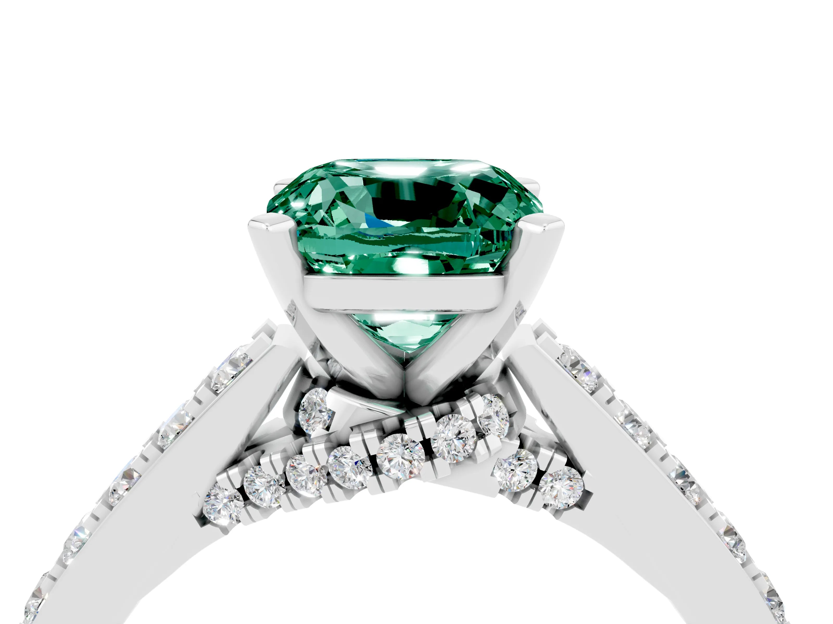 White gold Cushion Cut Diamond Solitaire Ring with Pavé Band and Prong Setting_4