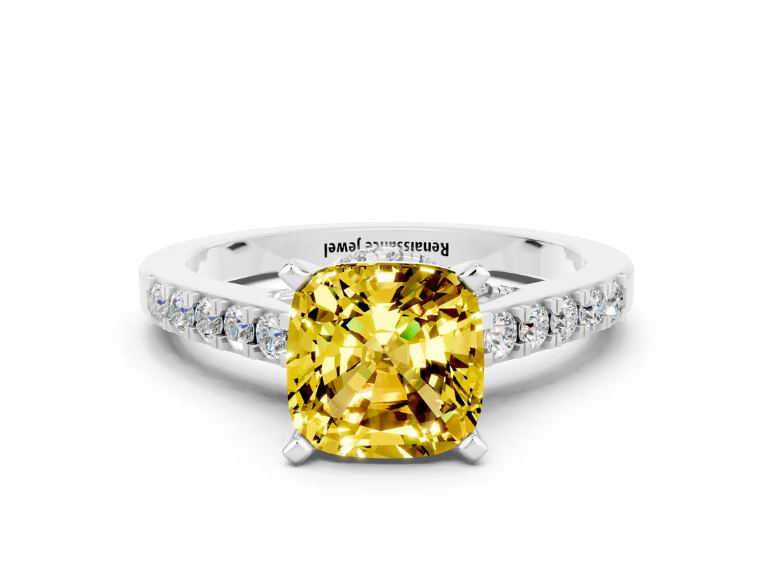 White gold Cushion Cut Diamond Solitaire Ring with Pavé Band and Prong Setting