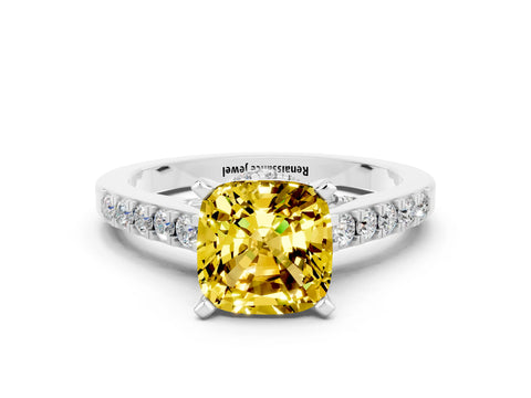 White gold Cushion Cut Diamond Solitaire Ring with Pavé Band and Prong Setting