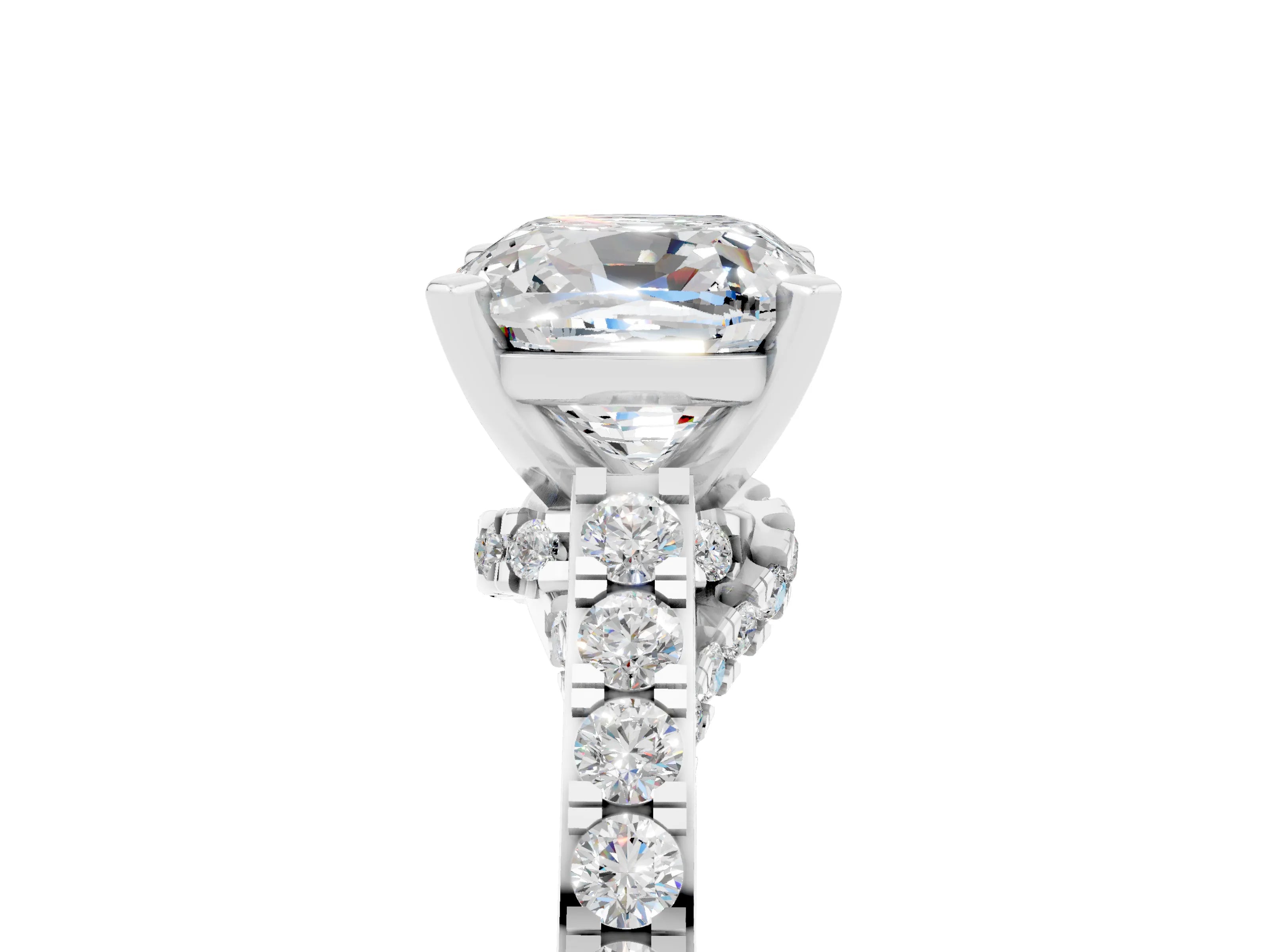 White gold Cushion Cut Diamond Solitaire Ring with Pavé Band and Prong Setting_5