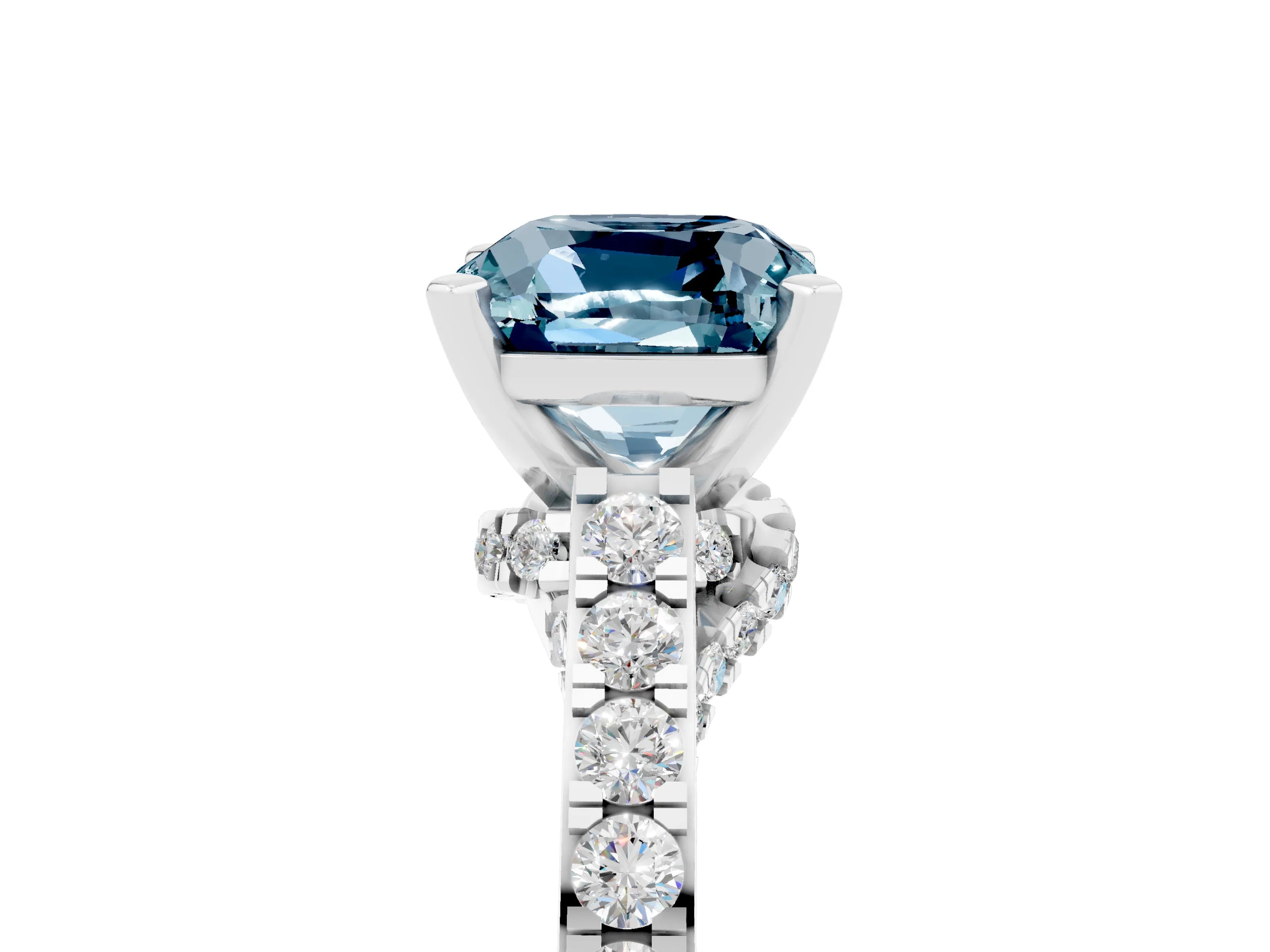 White gold Cushion Cut Diamond Solitaire Ring with Pavé Band and Prong Setting_5