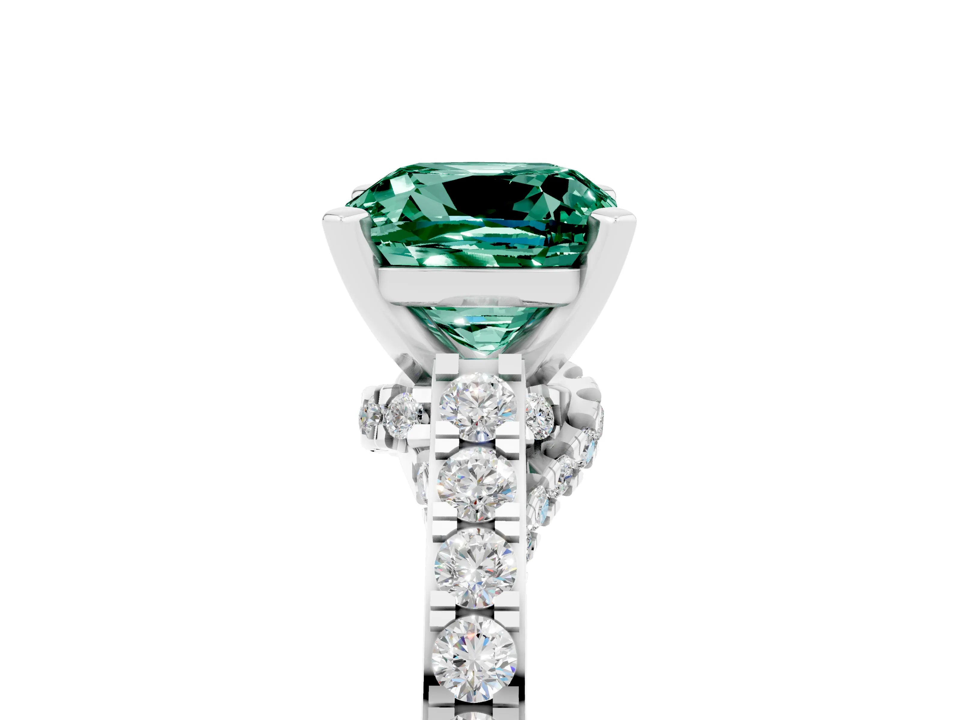 White gold Cushion Cut Diamond Solitaire Ring with Pavé Band and Prong Setting_5
