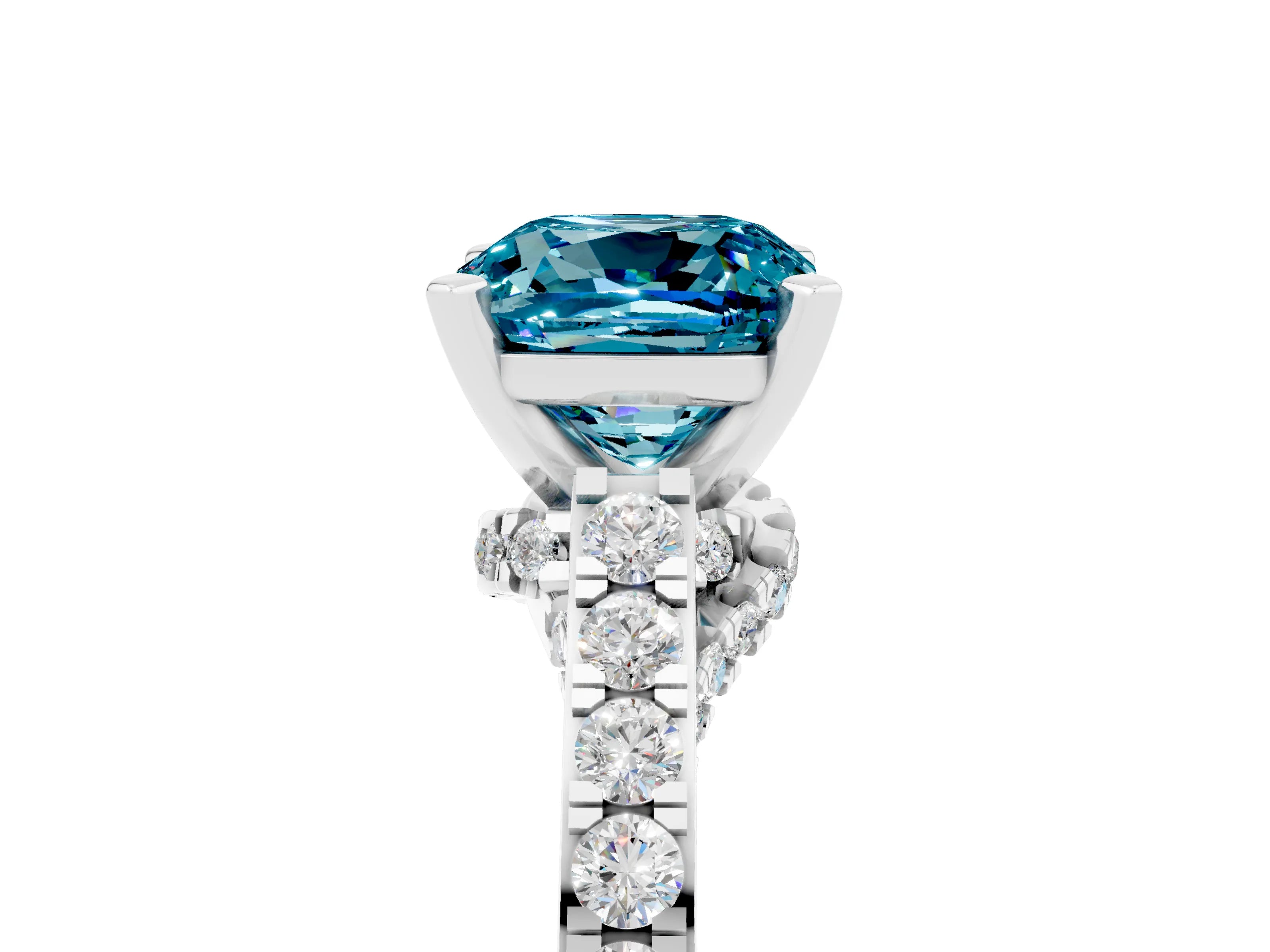White gold Cushion Cut Diamond Solitaire Ring with Pavé Band and Prong Setting_5
