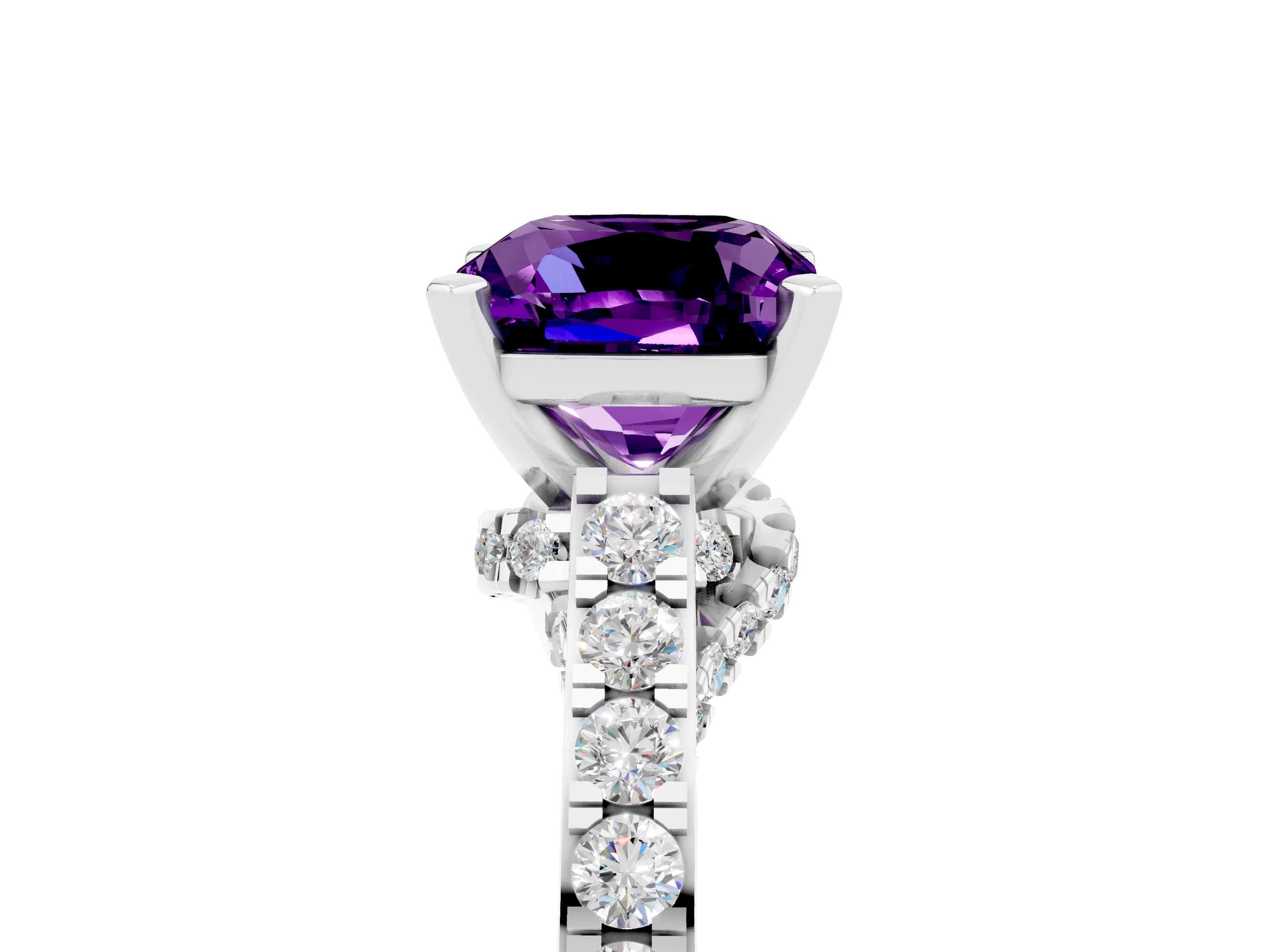 White gold Cushion Cut Diamond Solitaire Ring with Pavé Band and Prong Setting_5
