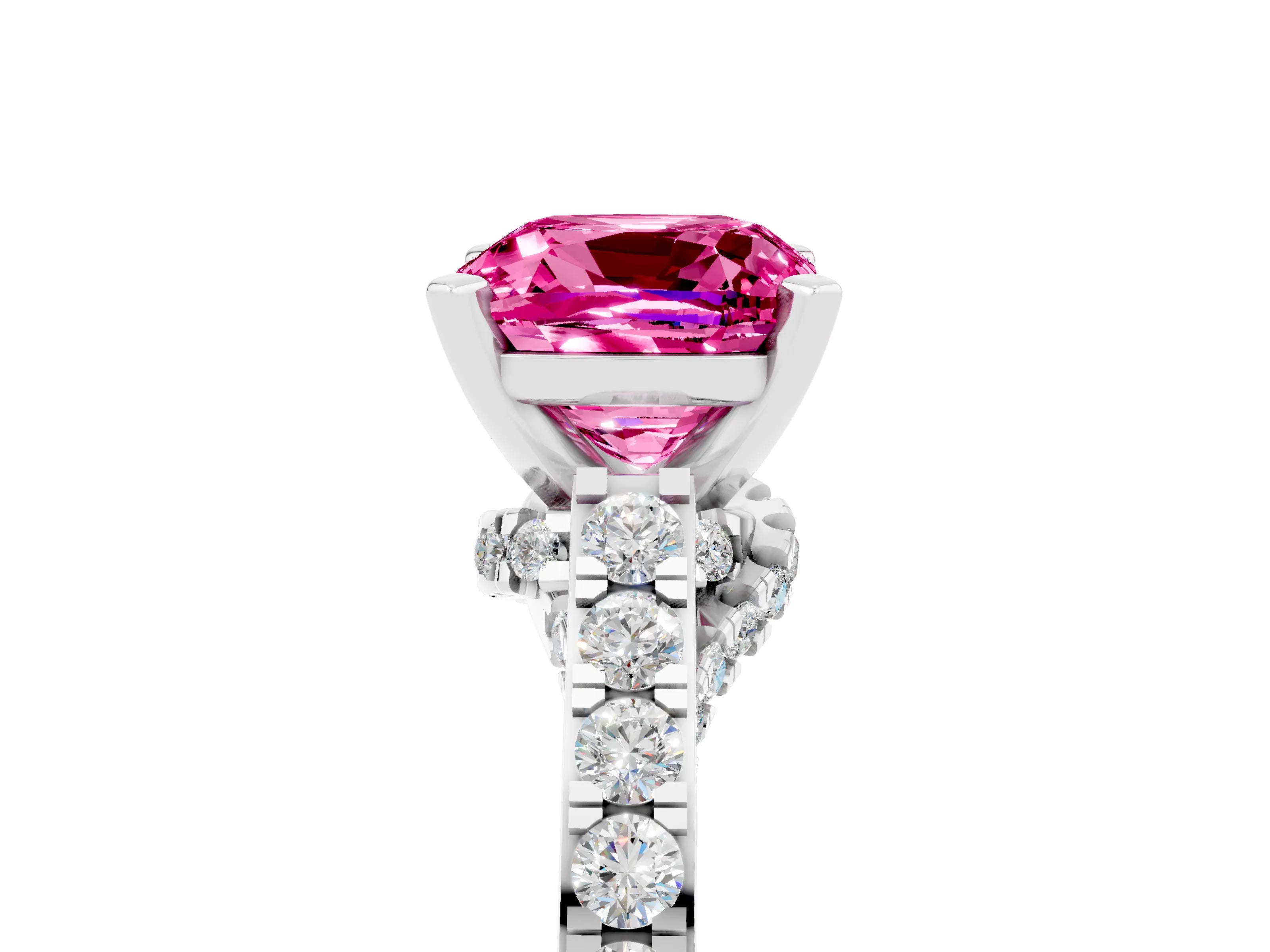 White gold Cushion Cut Diamond Solitaire Ring with Pavé Band and Prong Setting_5