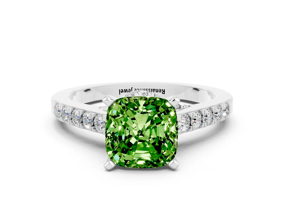 White gold Cushion Cut Diamond Solitaire Ring with Pavé Band and Prong Setting