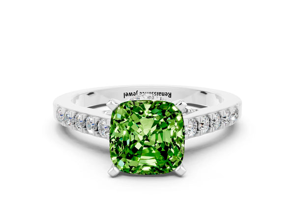 Platinum Cushion Cut Peridot Solitaire Ring with Crossover Gallery and Round  Pavé Band