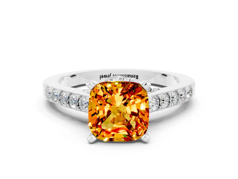 White gold Cushion Cut Diamond Solitaire Ring with Pavé Band and Prong Setting