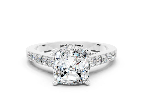 White gold Cushion Cut Moissanite Solitaire Ring with Crossover Gallery and Round  Pavé Band