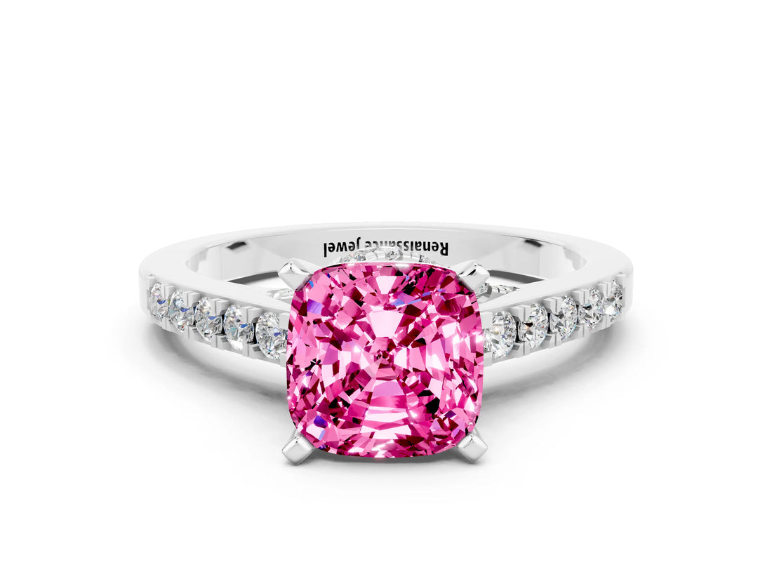 White gold Cushion Cut Diamond Solitaire Ring with Pavé Band and Prong Setting