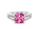 White gold Cushion Cut Diamond Solitaire Ring with Pavé Band and Prong Setting