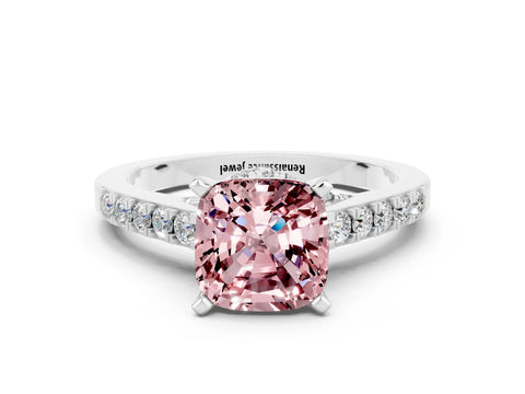 White gold Cushion Cut Diamond Solitaire Ring with Pavé Band and Prong Setting