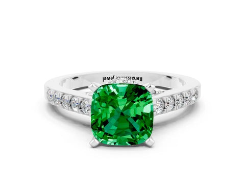White gold Cushion Cut Diamond Solitaire Ring with Pavé Band and Prong Setting