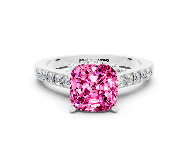 Silver Cushion Cut Pink Sapphire Solitaire Ring with Crossover Gallery and Round  Pavé Band