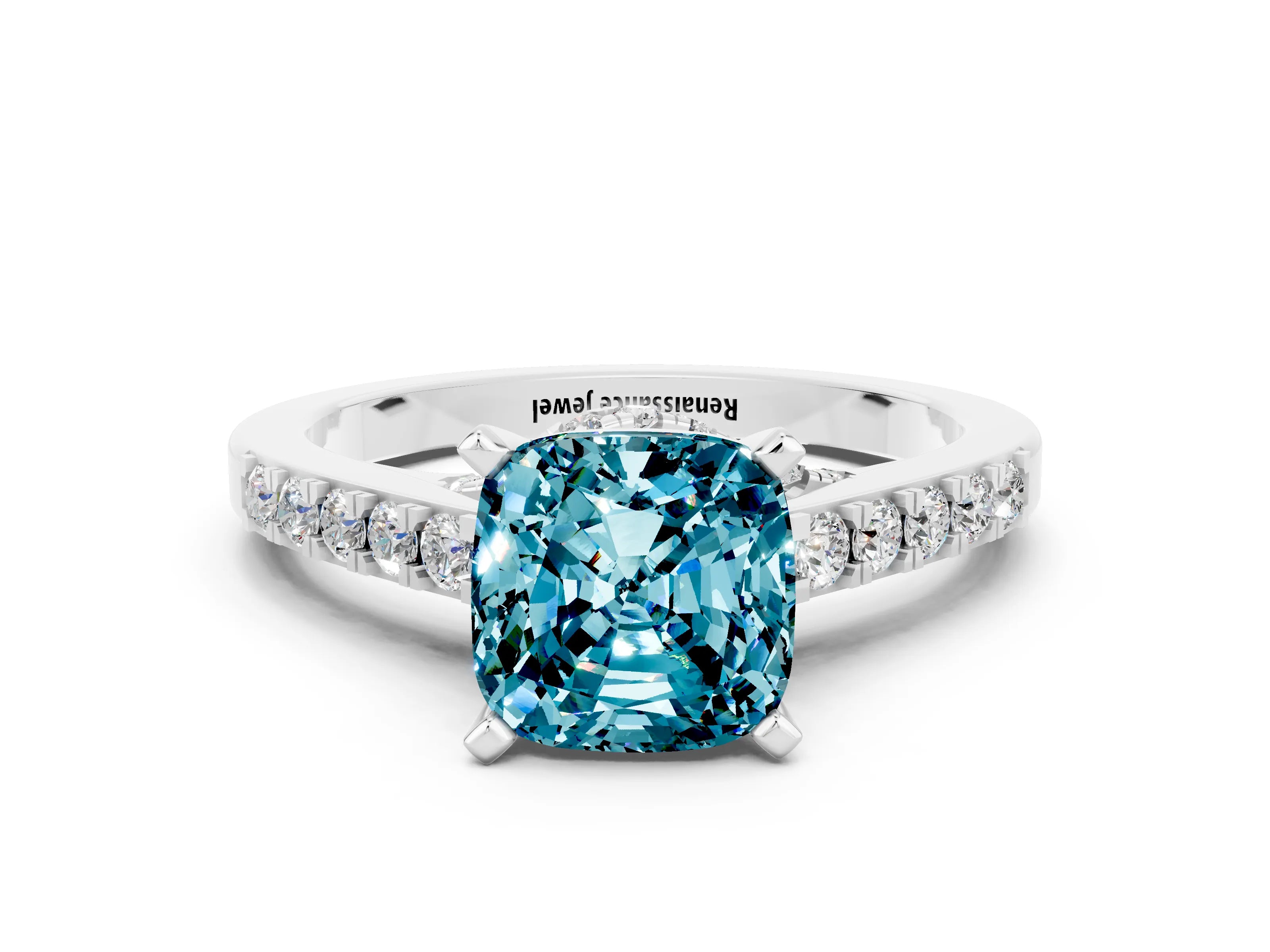 White gold Cushion Cut Diamond Solitaire Ring with Pavé Band and Prong Setting