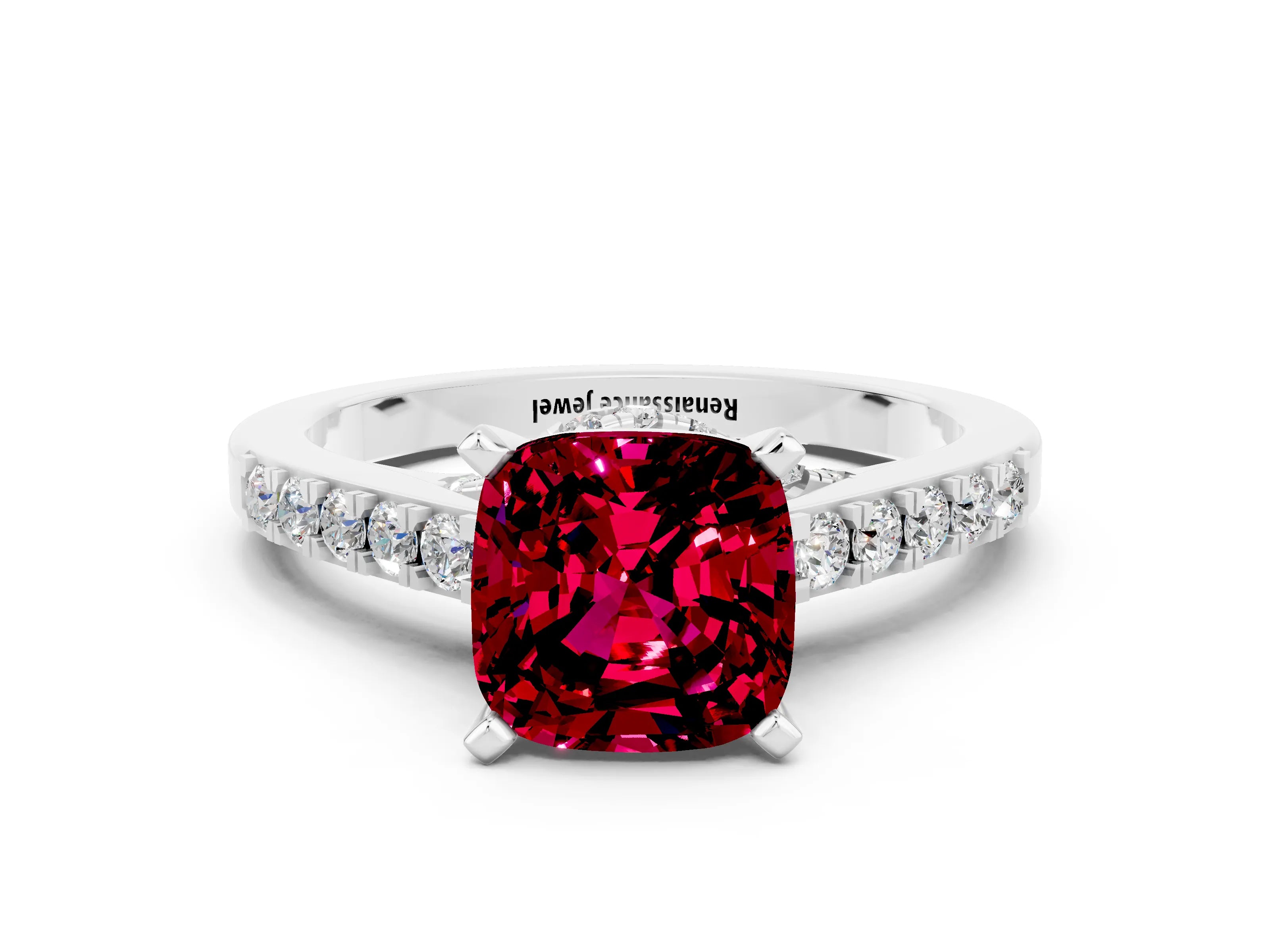 White gold Cushion Cut Diamond Solitaire Ring with Pavé Band and Prong Setting