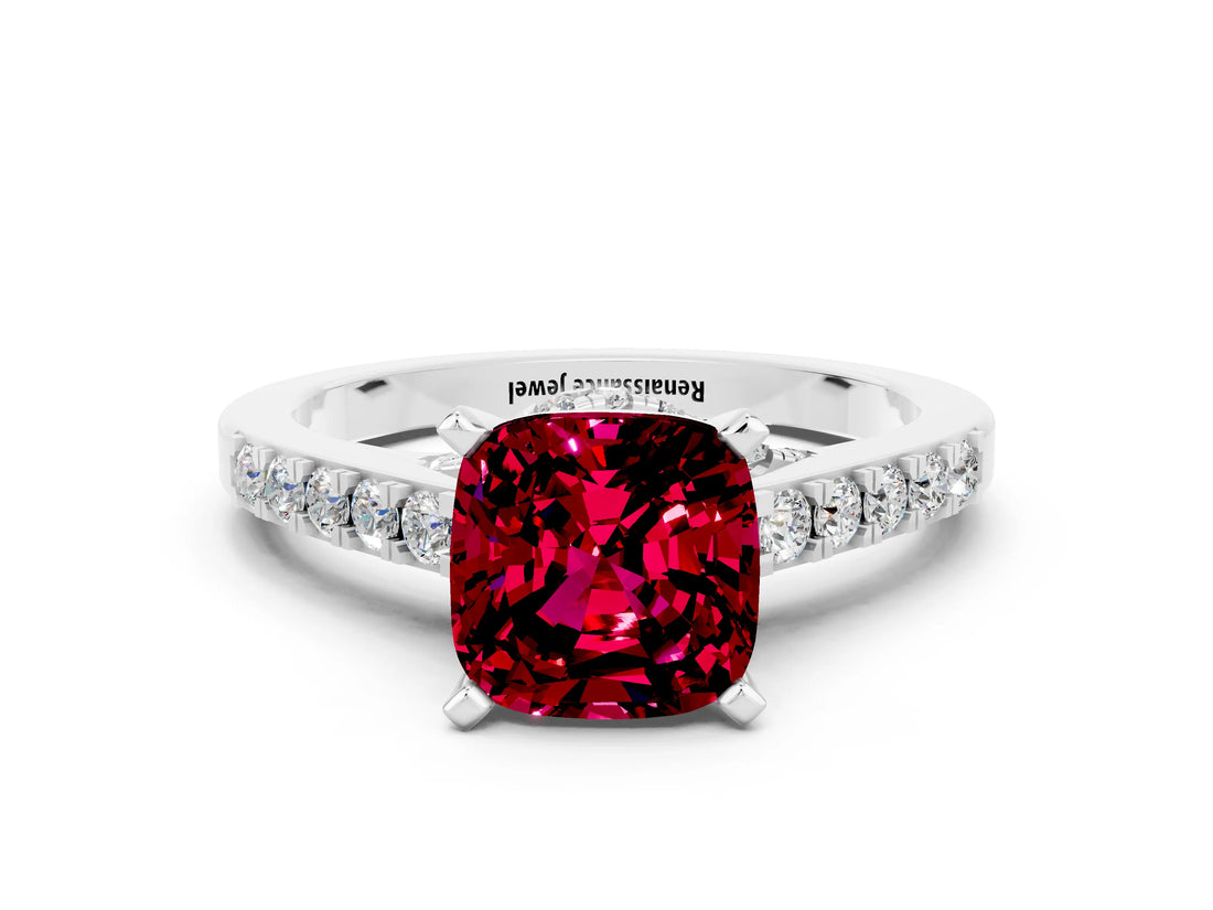 White gold Cushion Cut Diamond Solitaire Ring with Pavé Band and Prong Setting