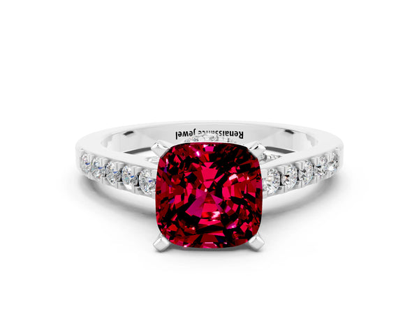 Platinum Cushion Cut Garnet Solitaire Ring with Crossover Gallery and Round  Pavé Band