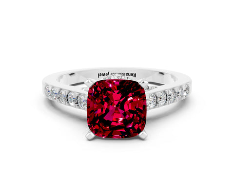 White gold Cushion Cut Diamond Solitaire Ring with Pavé Band and Prong Setting