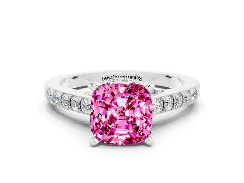 White gold Cushion Cut Diamond Solitaire Ring with Pavé Band and Prong Setting