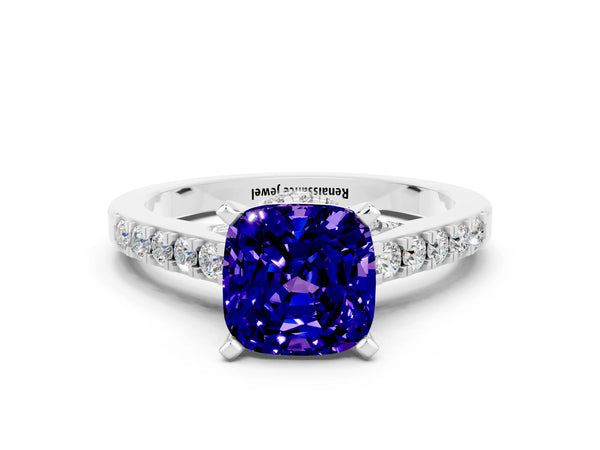 Silver Cushion Cut Tanzanite Solitaire Ring with Crossover Gallery and Round  Pavé Band