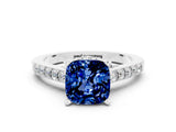 White gold Cushion Cut Diamond Solitaire Ring with Pavé Band and Prong Setting