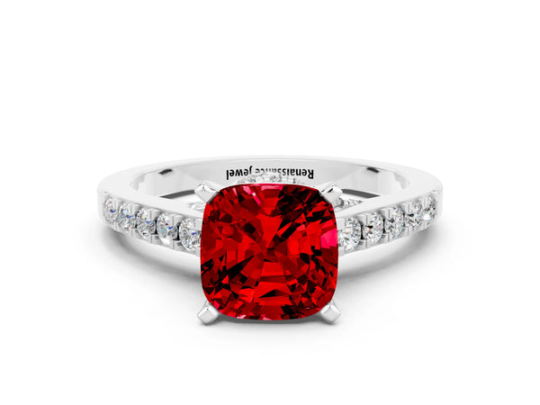 White gold Cushion Cut Ruby Solitaire Ring with Crossover Gallery and Round  Pavé Band