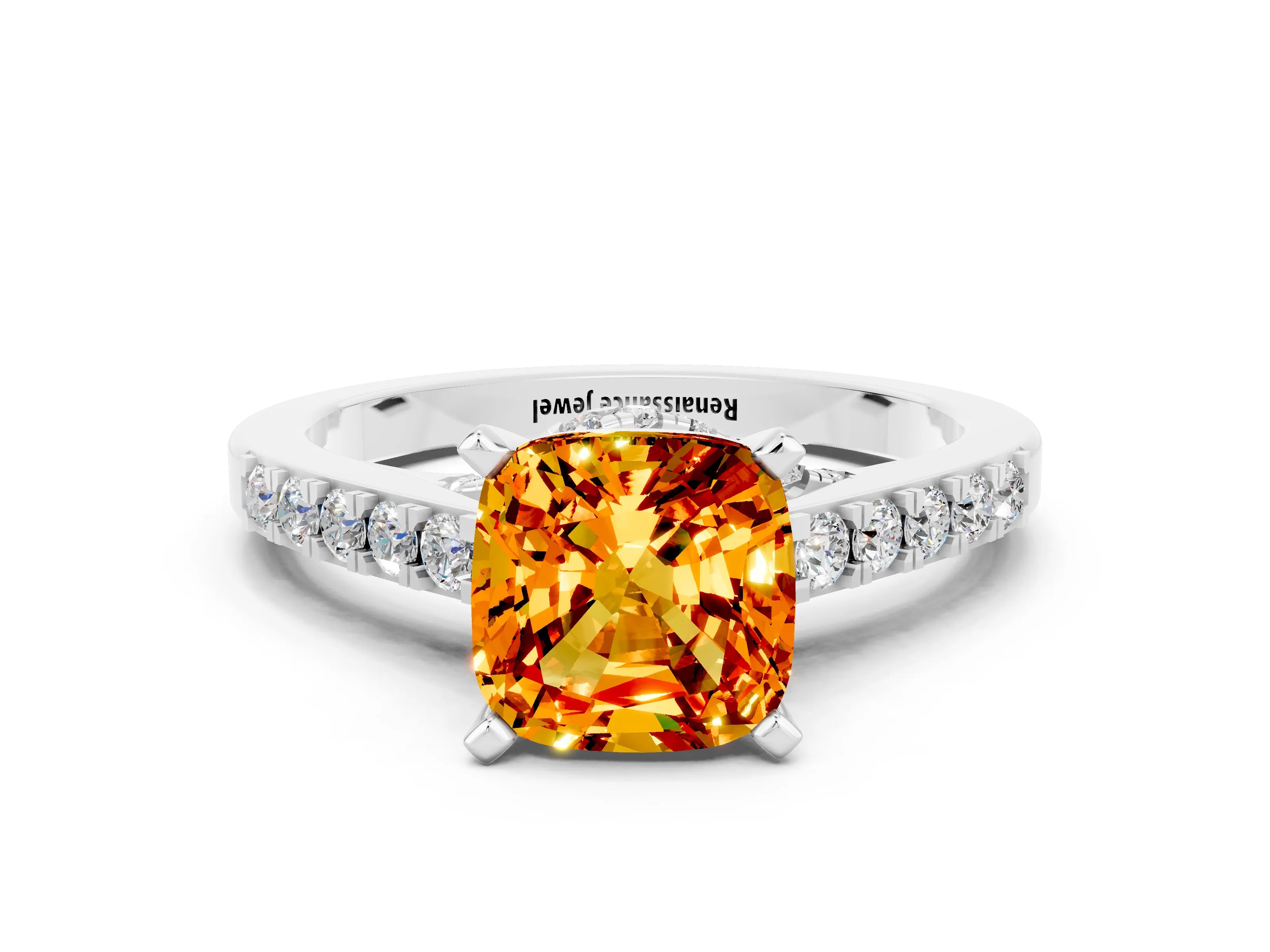 White gold Cushion Cut Diamond Solitaire Ring with Pavé Band and Prong Setting