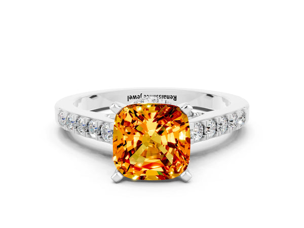 Platinum Cushion Cut Citrine Solitaire Ring with Crossover Gallery and Round  Pavé Band