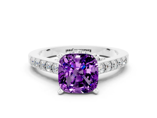 Platinum Cushion Cut Amethyst Solitaire Ring with Crossover Gallery and Round  Pavé Band