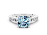 White gold Cushion Cut Diamond Solitaire Ring with Pavé Band and Prong Setting
