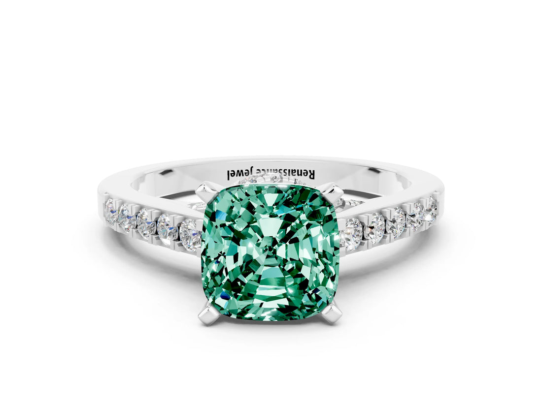 White gold Cushion Cut Diamond Solitaire Ring with Pavé Band and Prong Setting